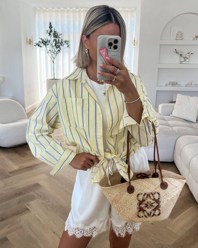 PATTY - Oversized Striped Cotton Blouse in Butter Yellow