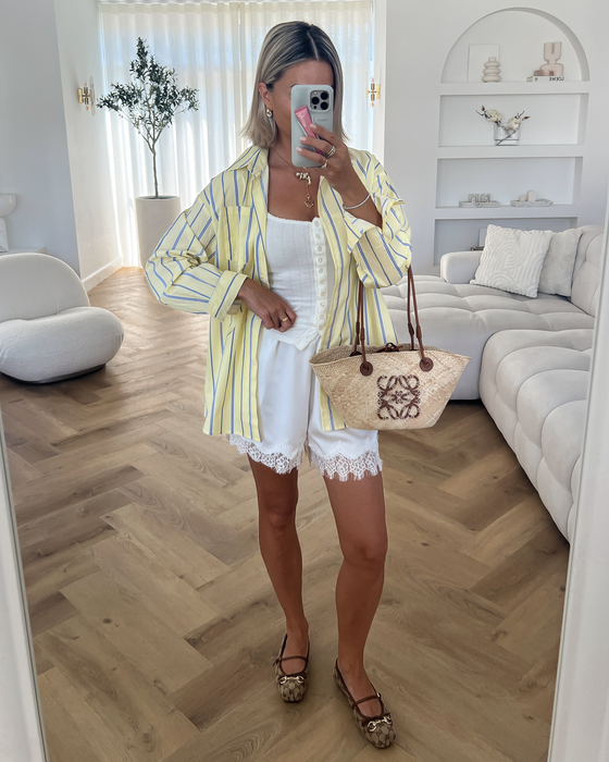 PATTY - Oversized Striped Cotton Blouse in Butter Yellow