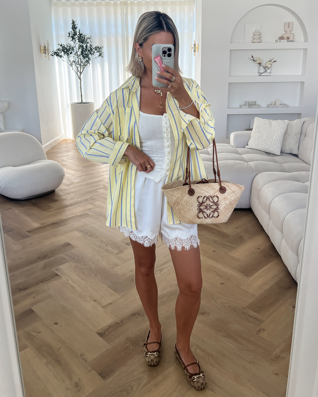 PATTY - Oversized Striped Cotton Blouse in Butter Yellow
