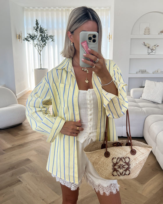 PATTY - Oversized Striped Cotton Blouse in Butter Yellow