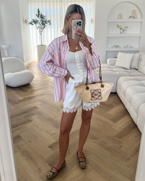 PATTY - Oversized Striped Cotton Blouse in Light Pink