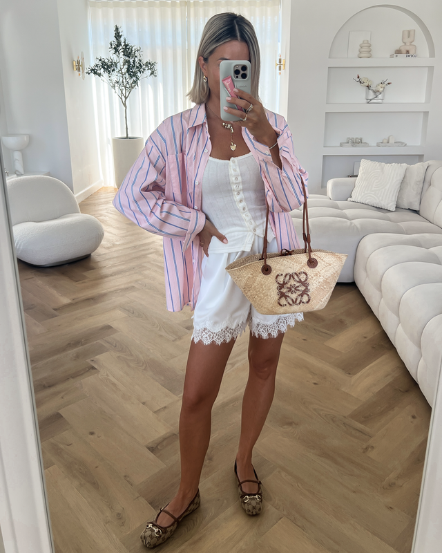 PATTY - Oversized Striped Cotton Blouse in Light Pink