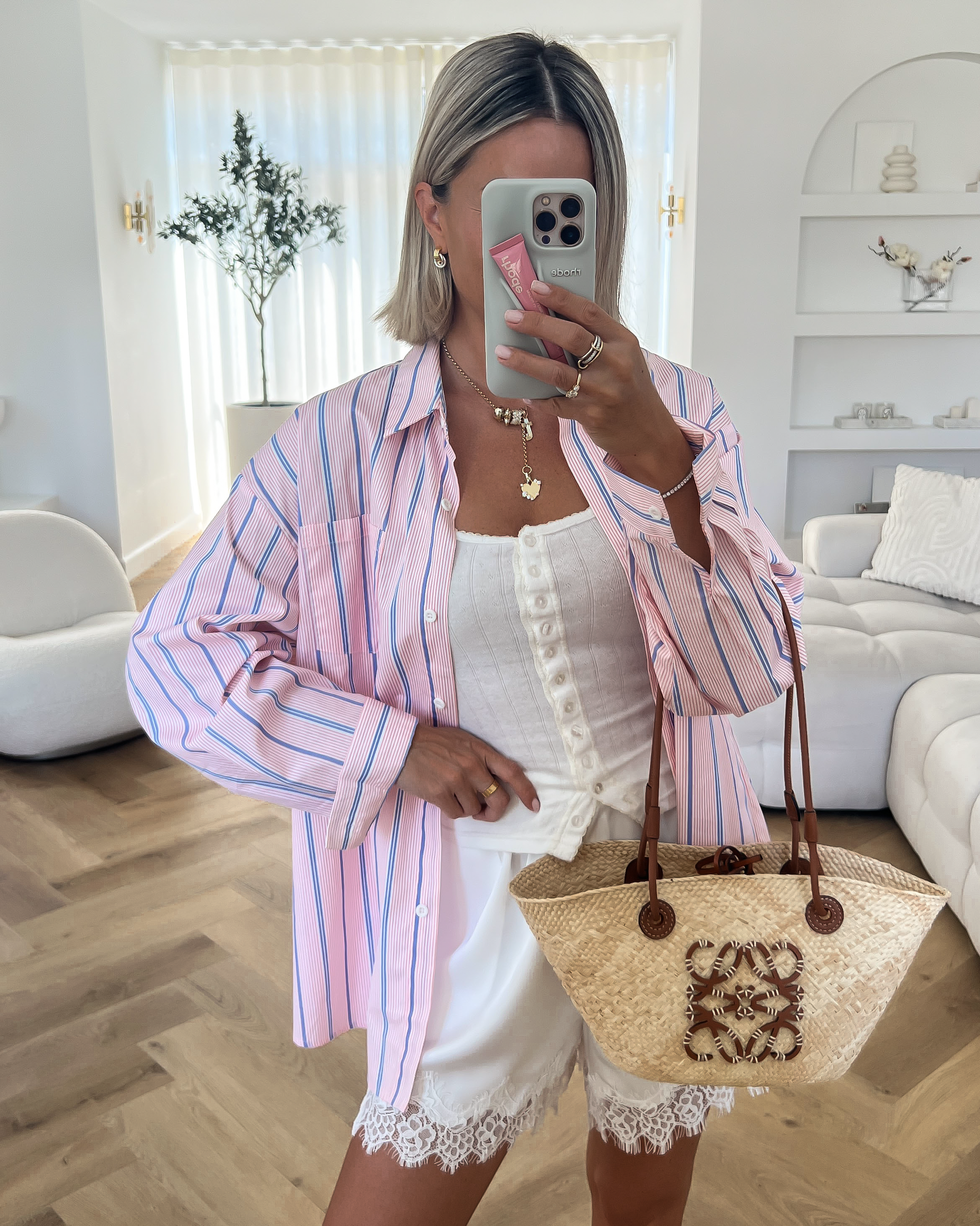 PATTY - Oversized Striped Cotton Blouse in Light Pink