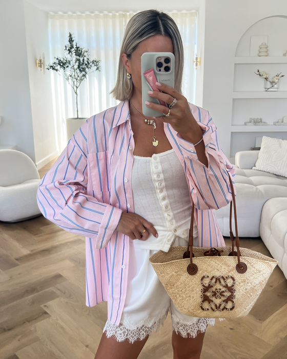 PATTY - Oversized Striped Cotton Blouse in Light Pink