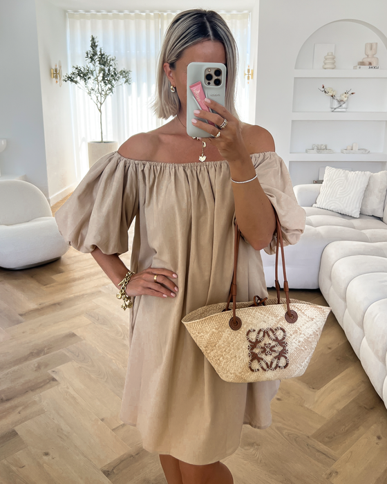 PORSCHA - Linen Off Shoulder Dress in Taupe