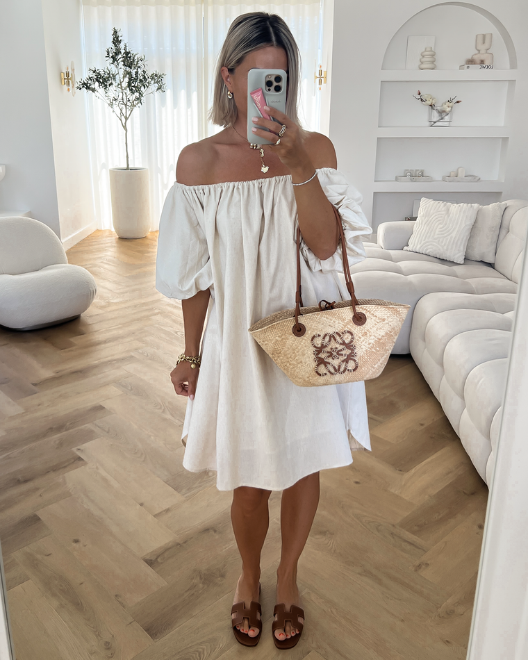 PORSCHA - Linen Off Shoulder Dress in Beige
