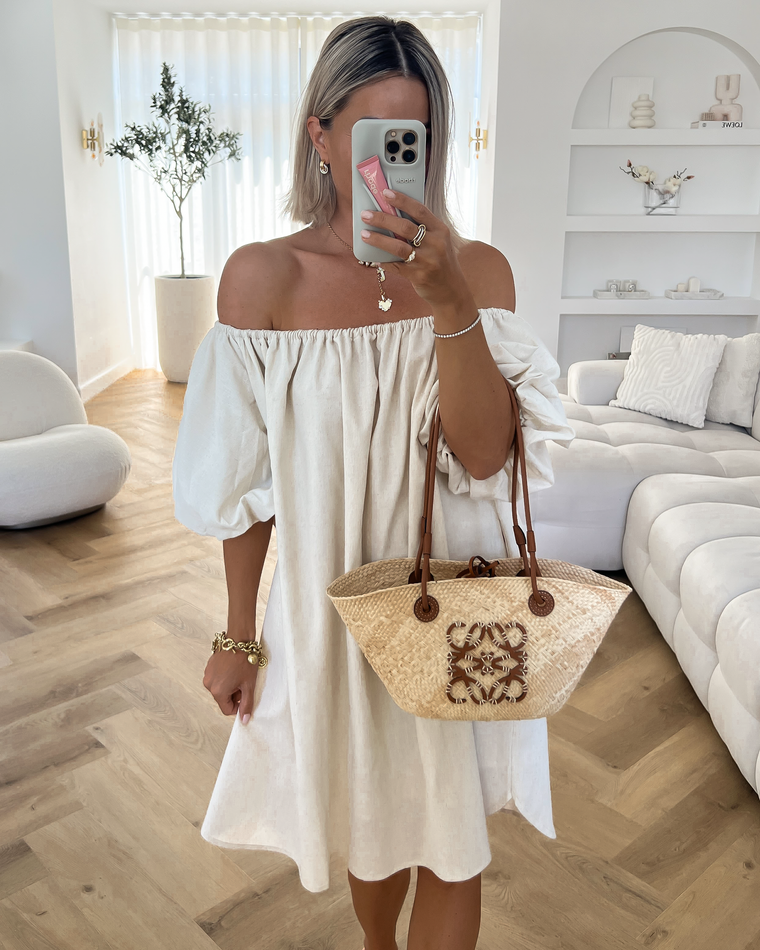 PORSCHA - Linen Off Shoulder Dress in Beige