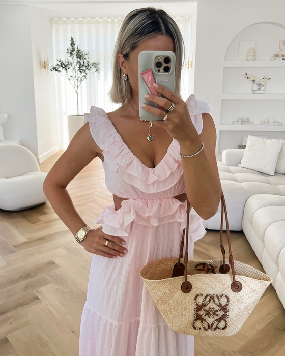 VIVIAN - Ruffle Cut Out Maxi Dress in Light Pink