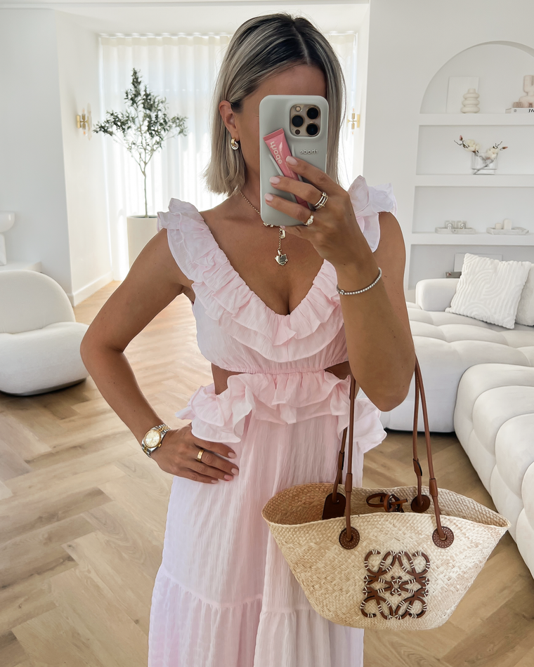 VIVIAN - Ruffle Cut Out Maxi Dress in Light Pink