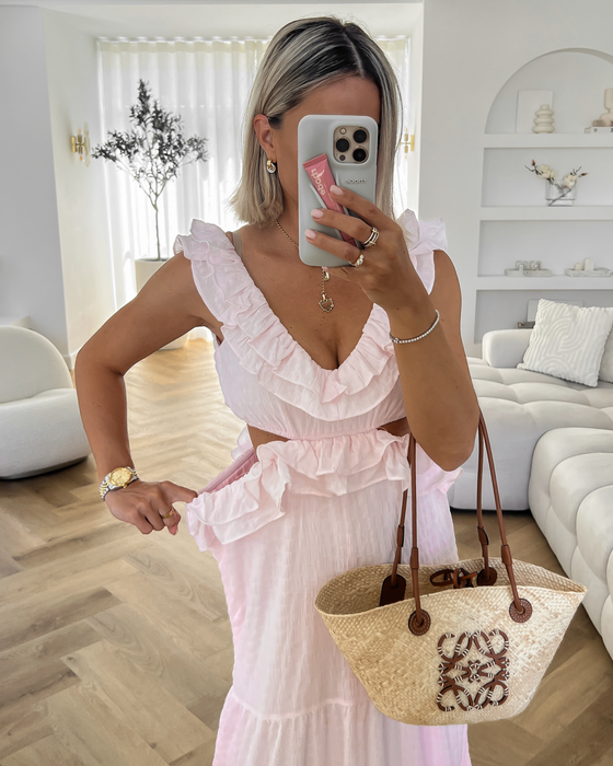 VIVIAN - Ruffle Cut Out Maxi Dress in Light Pink