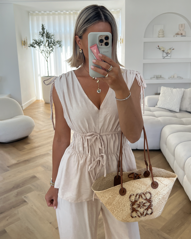 IDRIS - V-Neck Top and Pants Set in Beige