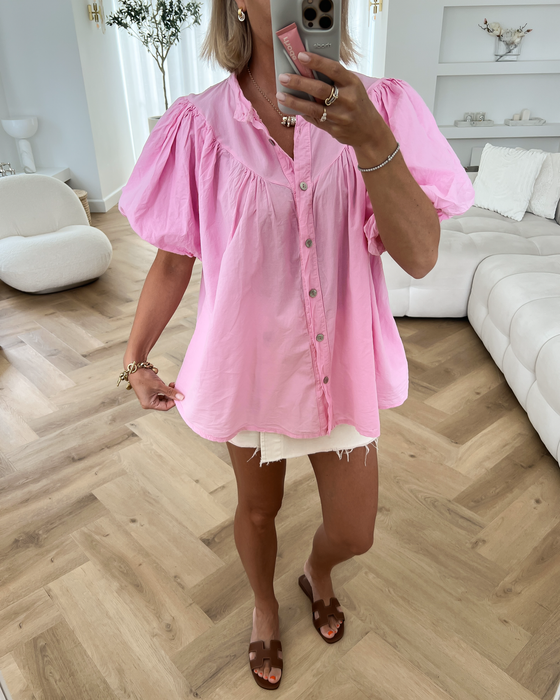 FLORINE - Puff Sleeve Blouse Top in Pink
