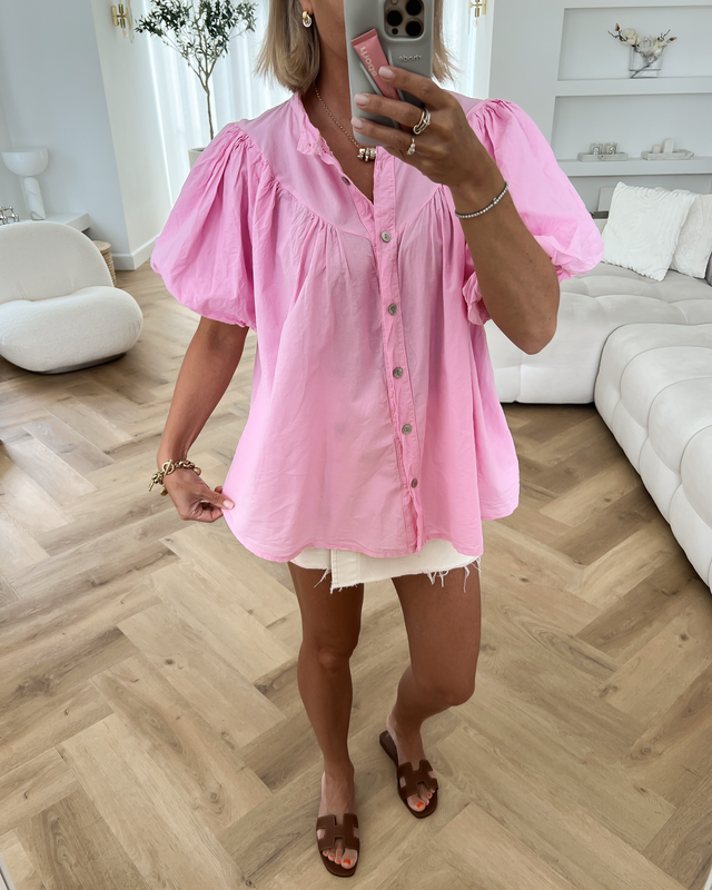 FLORINE - Puff Sleeve Blouse Top in Pink