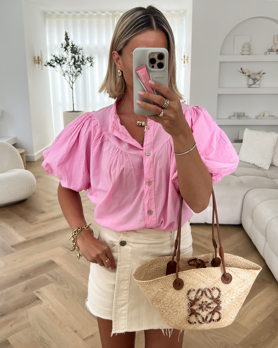 FLORINE - Puff Sleeve Blouse Top in Pink