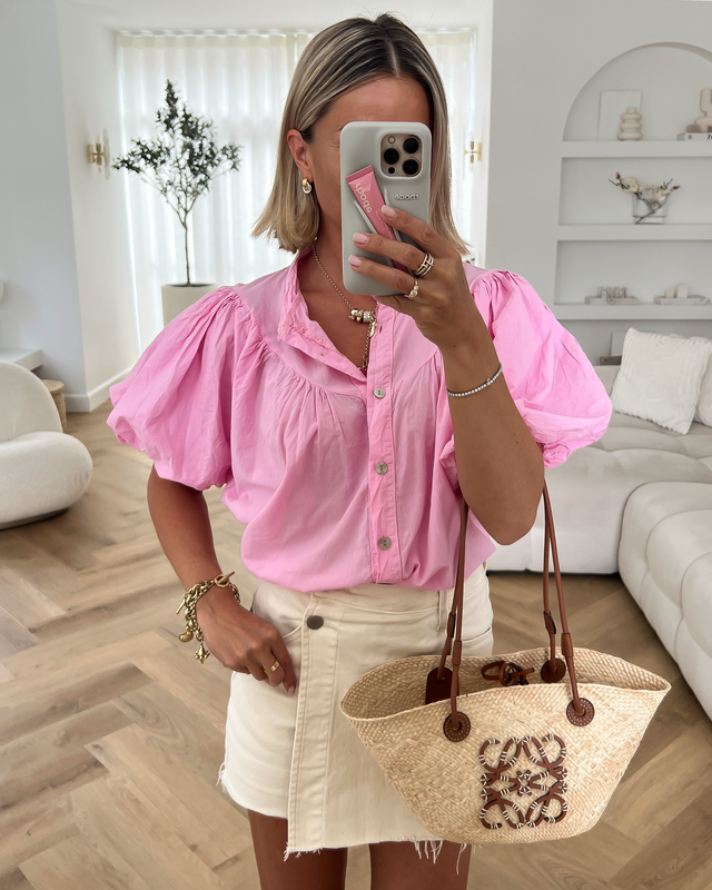 FLORINE - Puff Sleeve Blouse Top in Pink