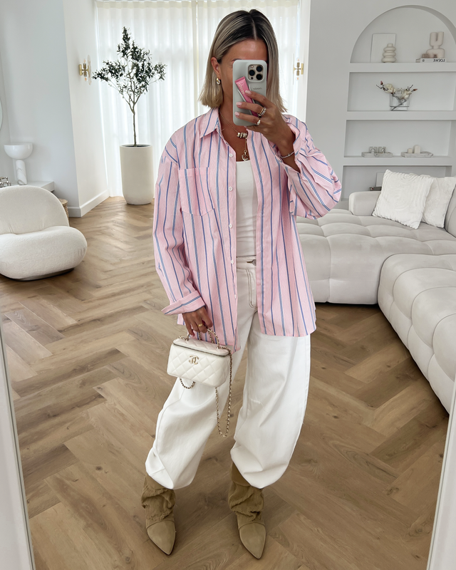PATTY - Oversized Striped Cotton Blouse in Light Pink