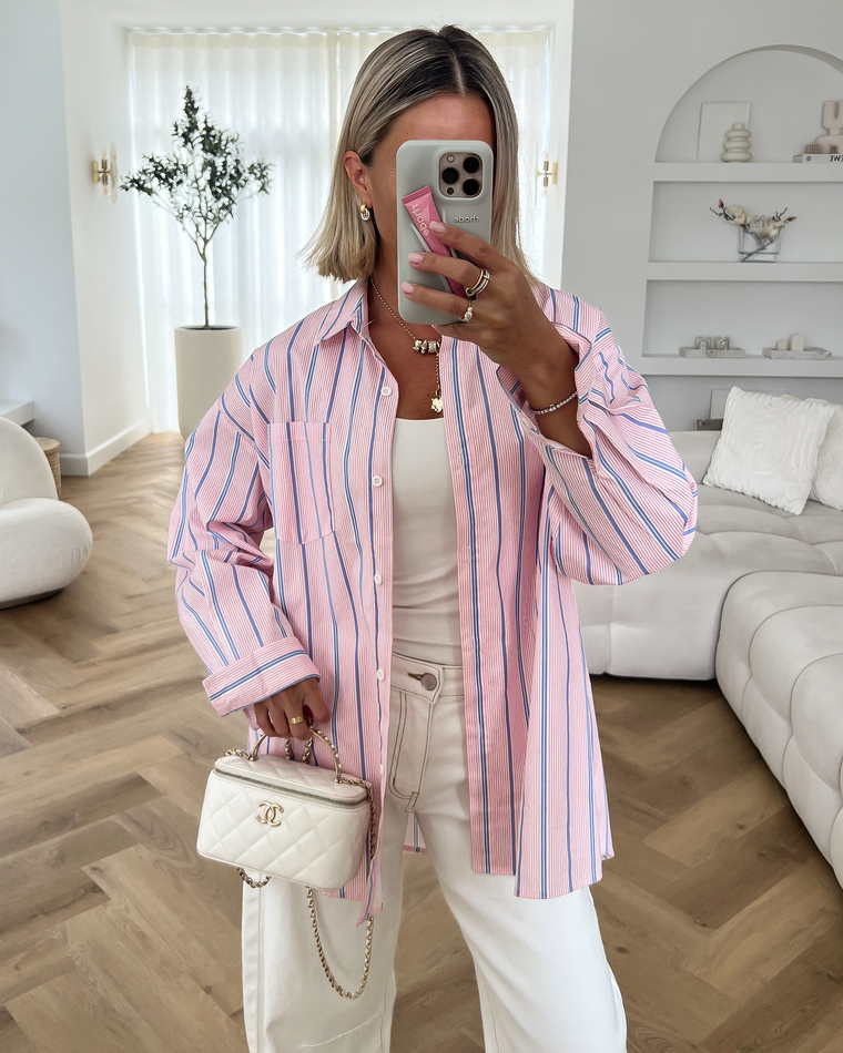 PATTY - Oversized Striped Cotton Blouse in Light Pink