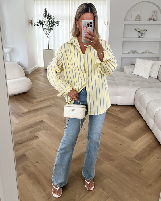 PATTY - Oversized Striped Cotton Blouse in Butter Yellow