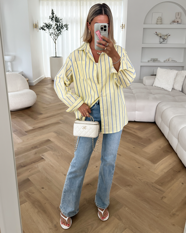 PATTY - Oversized Striped Cotton Blouse in Butter Yellow