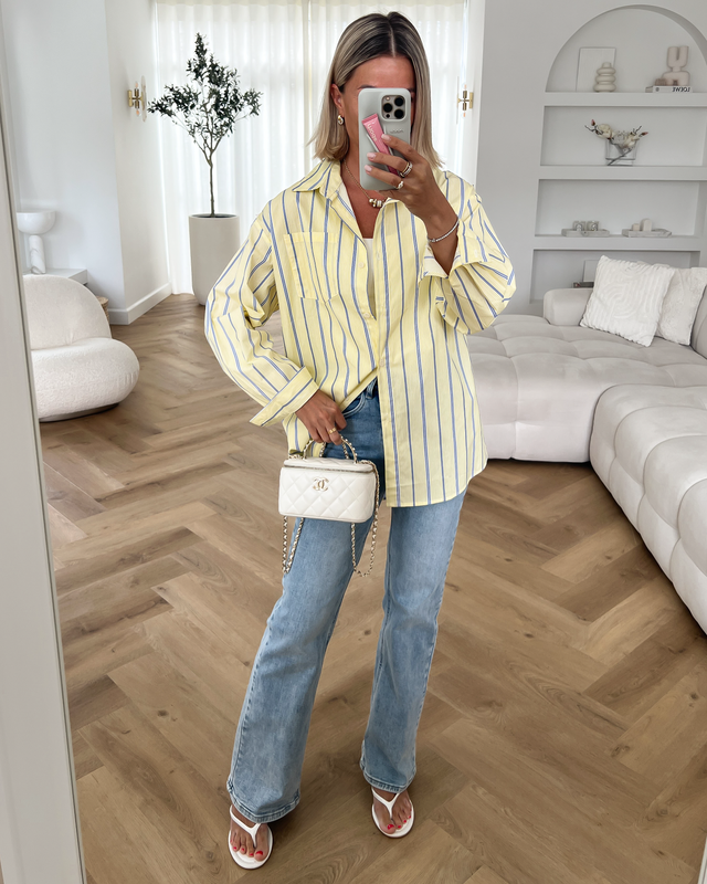 PATTY - Oversized Striped Cotton Blouse in Butter Yellow