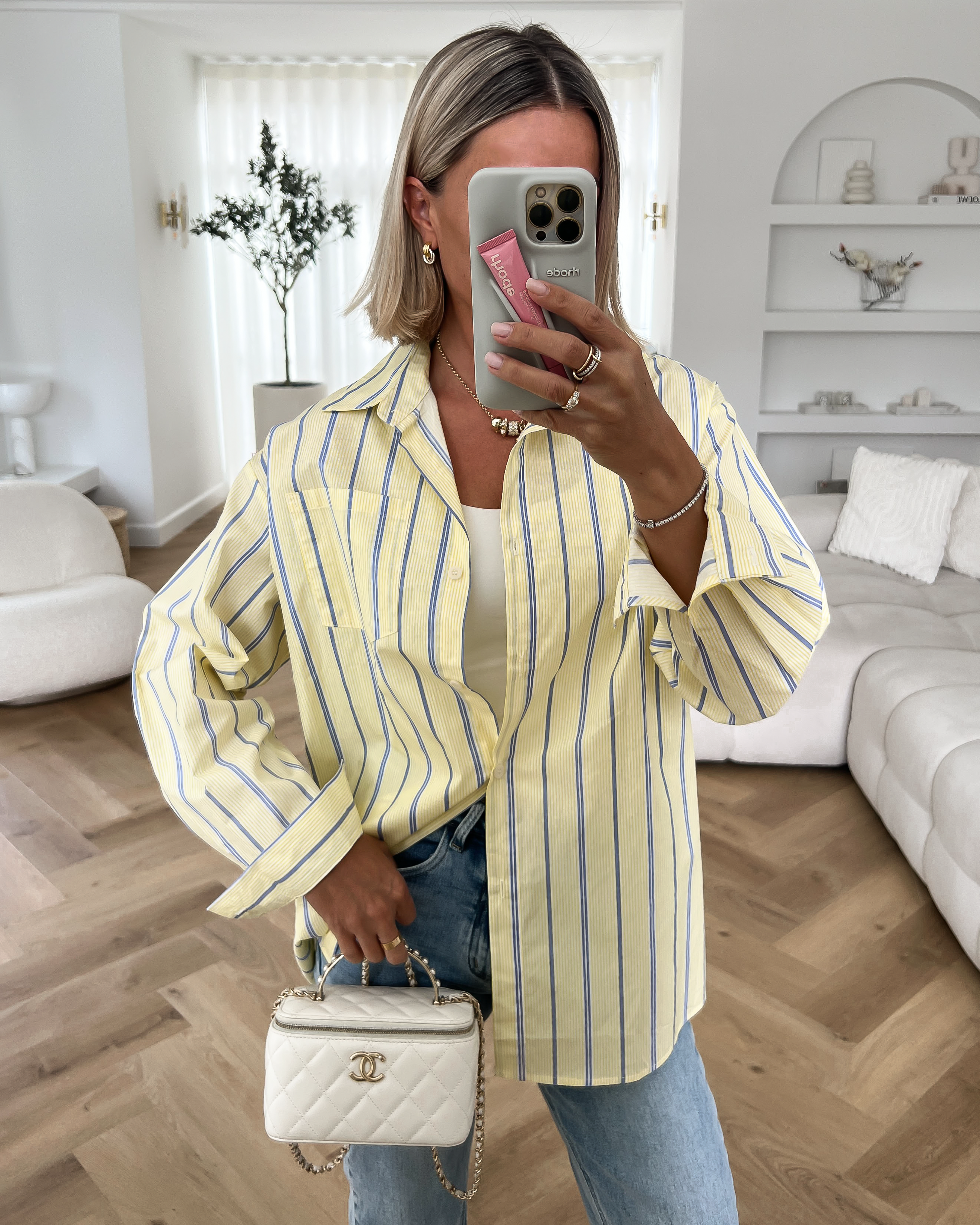 PATTY - Oversized Striped Cotton Blouse in Butter Yellow