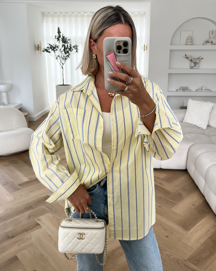 PATTY - Oversized Striped Cotton Blouse in Butter Yellow