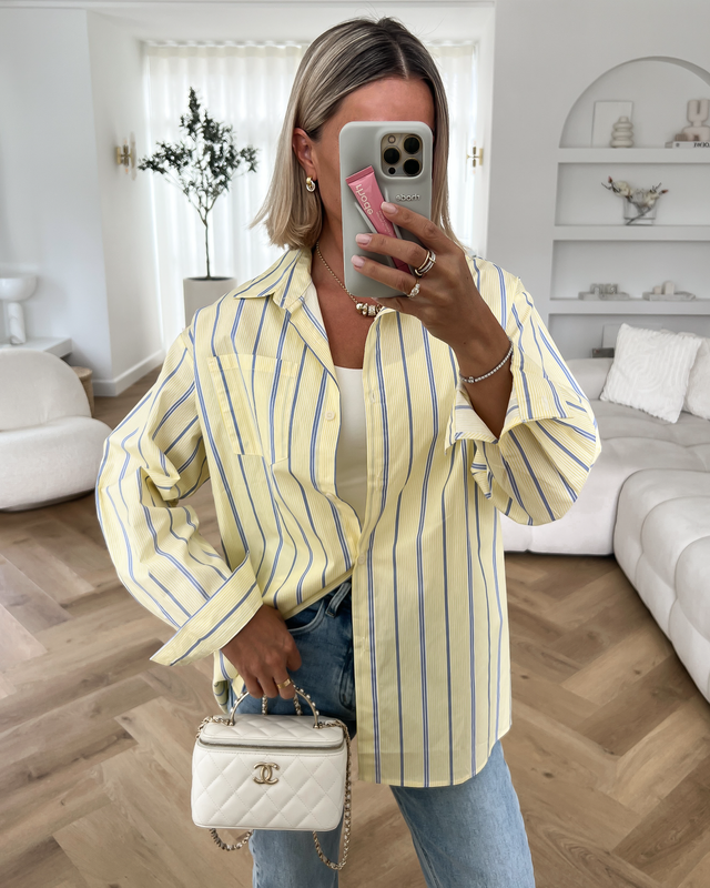 PATTY - Oversized Striped Cotton Blouse in Butter Yellow