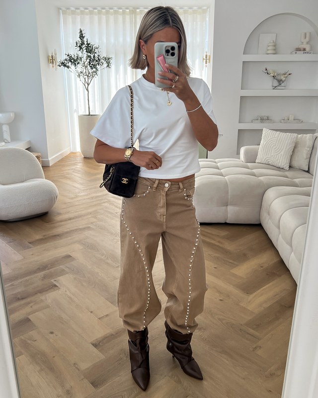 RIVER - Studded Wide Leg Jeans in Taupe