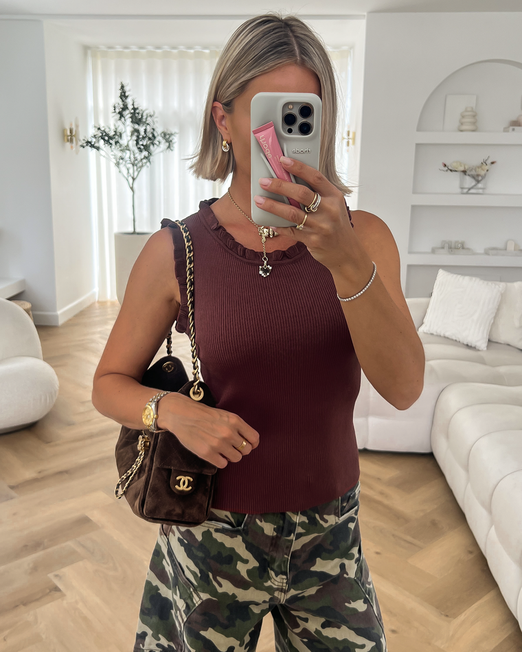GINA - Ruffle Tank Top in Chestnut Brown