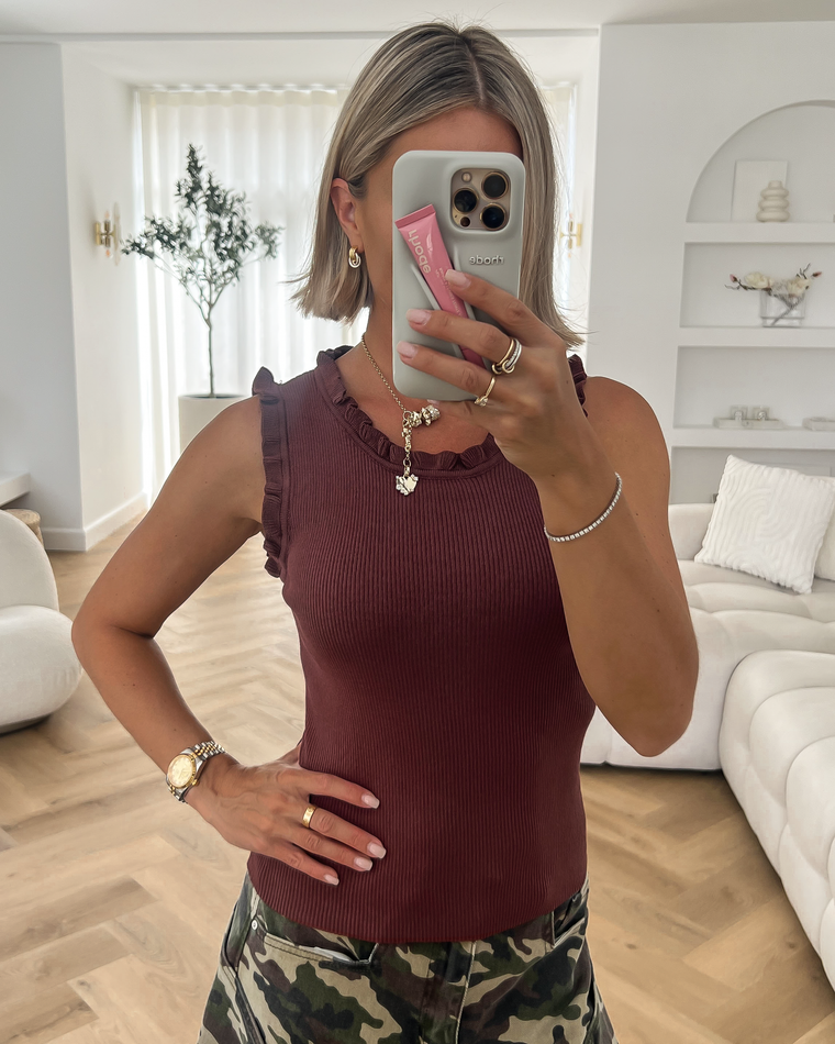 GINA - Ruffle Tank Top in Chestnut Brown