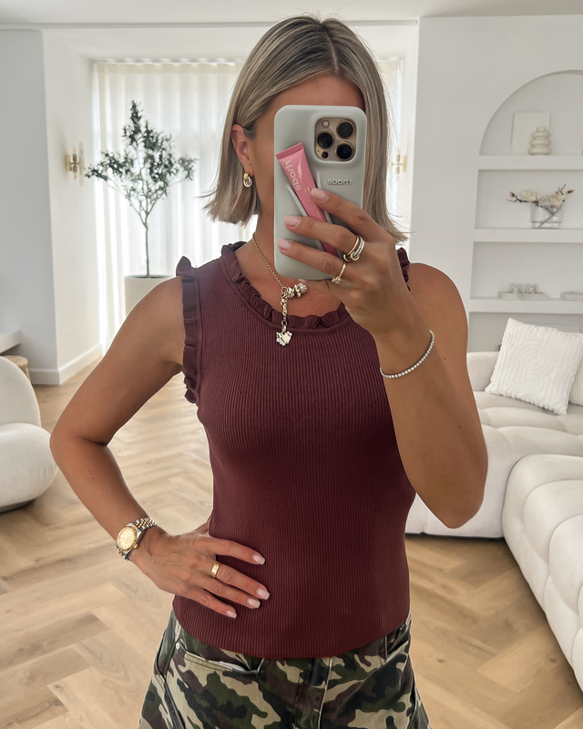 GINA - Ruffle Tank Top in Chestnut Brown