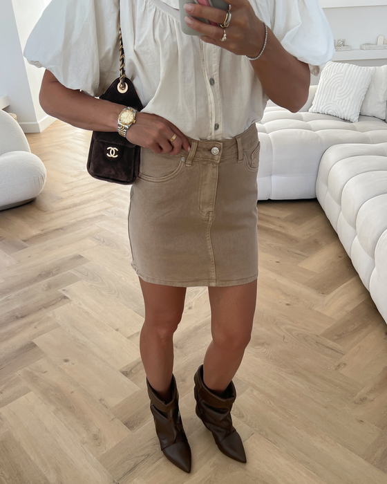 SALE - AMBER Denim Skirt in Taupe