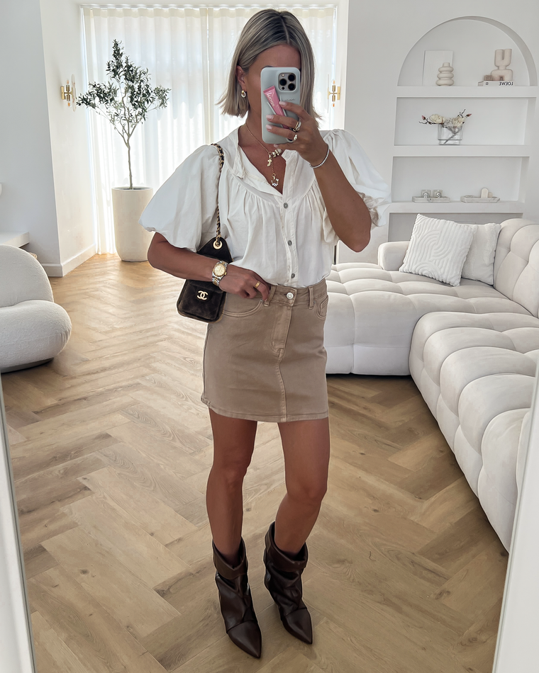 SALE - AMBER Denim Skirt in Taupe