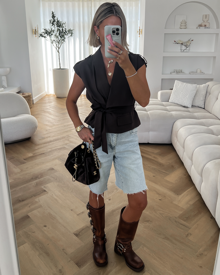 HAZEL - Belted Top in Chocolate Brown