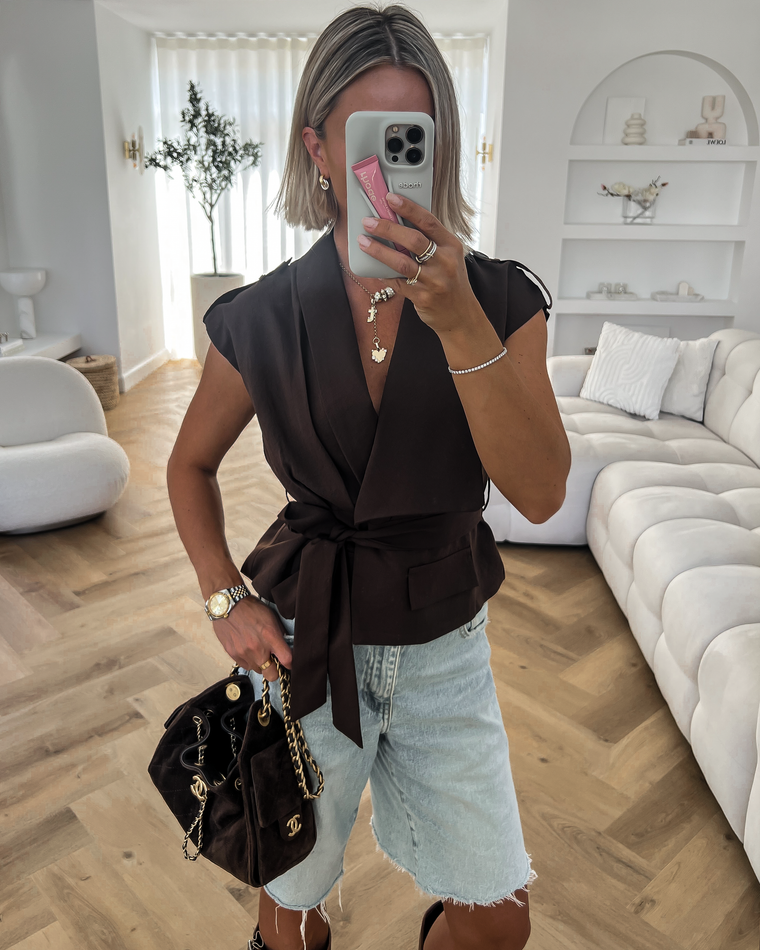 HAZEL - Belted Top in Chocolate Brown