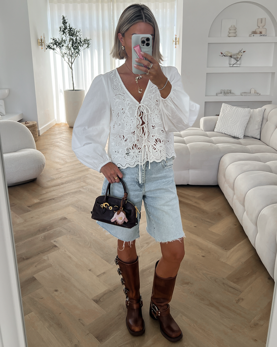 MIRA - Embroidery Longsleeve Top in White