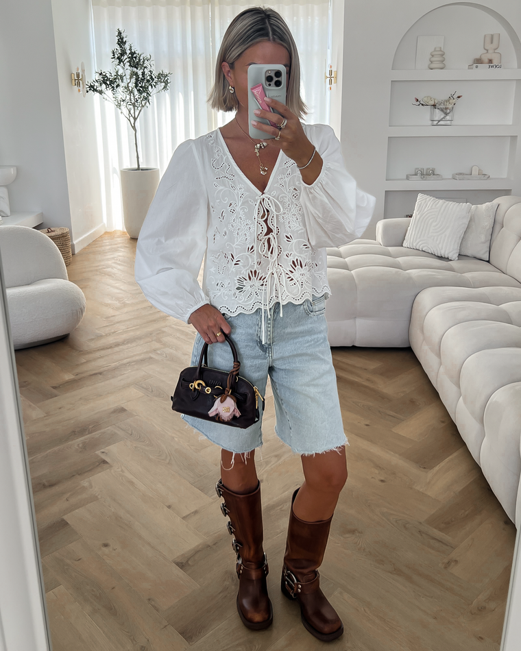 MIRA - Embroidery Longsleeve Top in White