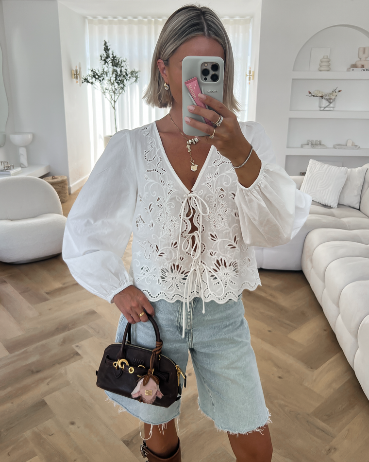 MIRA - Embroidery Longsleeve Top in White