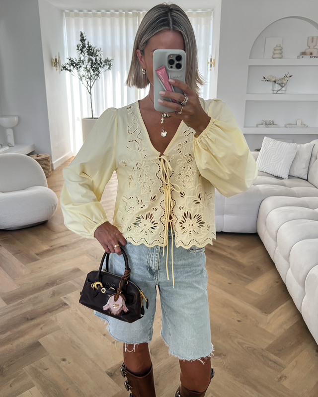 MIRA - Embroidery Longsleeve Top in Butter Yellow