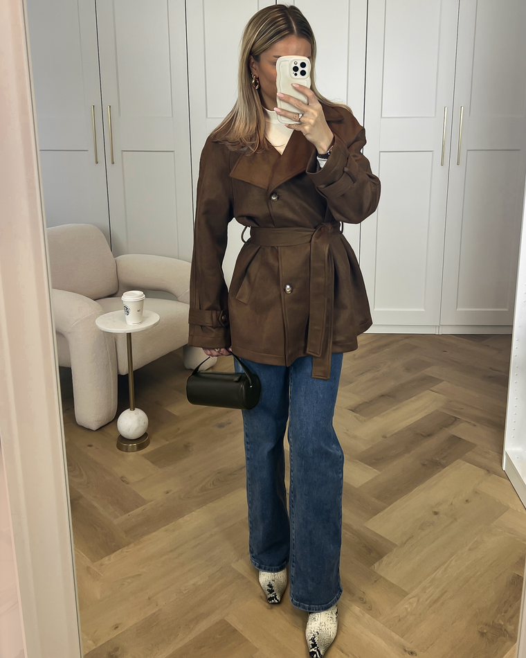SALE - DANI Faux Suede Belt Jacket in Choco