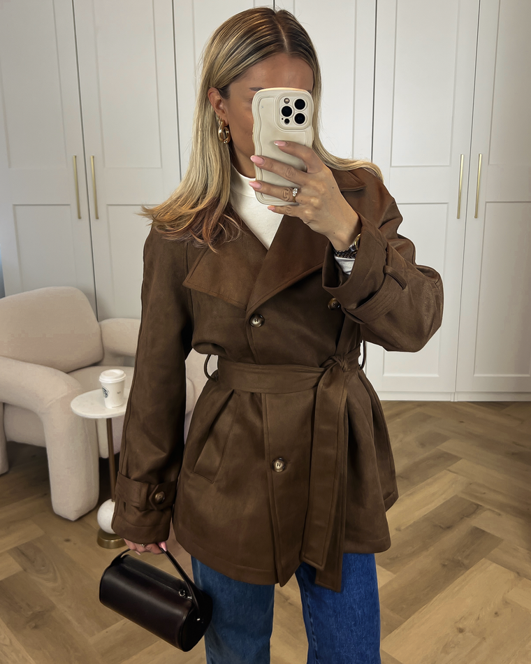 SALE - DANI Faux Suede Belt Jacket in Choco