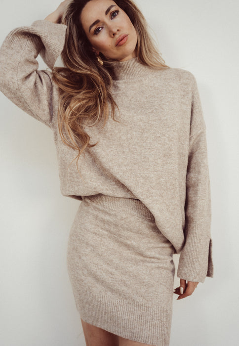CLAIRE - Knitted Sweater + Skirt Set in Beige