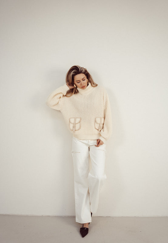 KATE - Cargo Turtle Neck Sweater in Off White