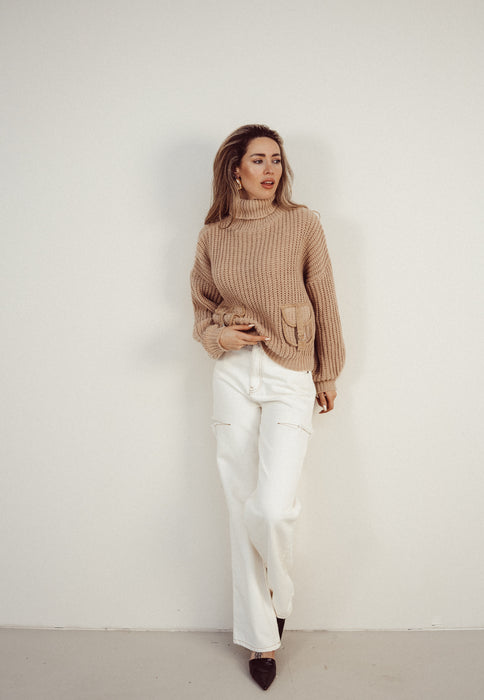 KATE - Cargo Turtle Neck Sweater in Taupe