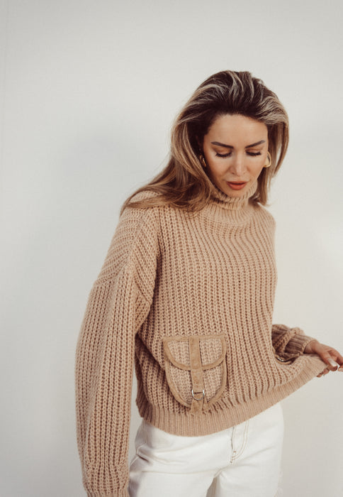 KATE - Cargo Turtle Neck Sweater in Taupe