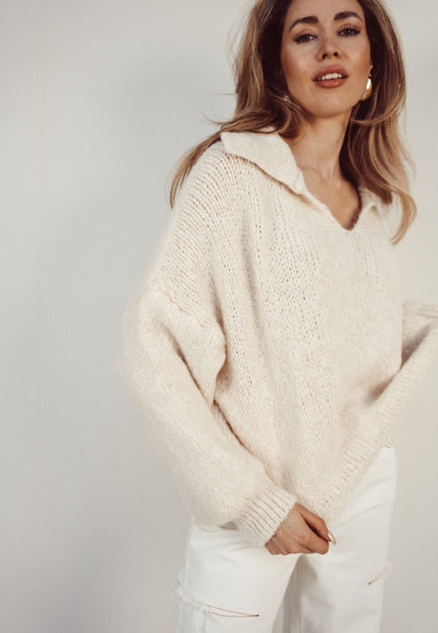 KEIRA - Knitted Polo Sweater in Off White