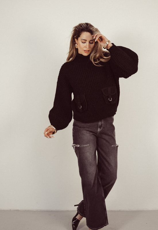 KATE - Cargo Turtle Neck Sweater in Black