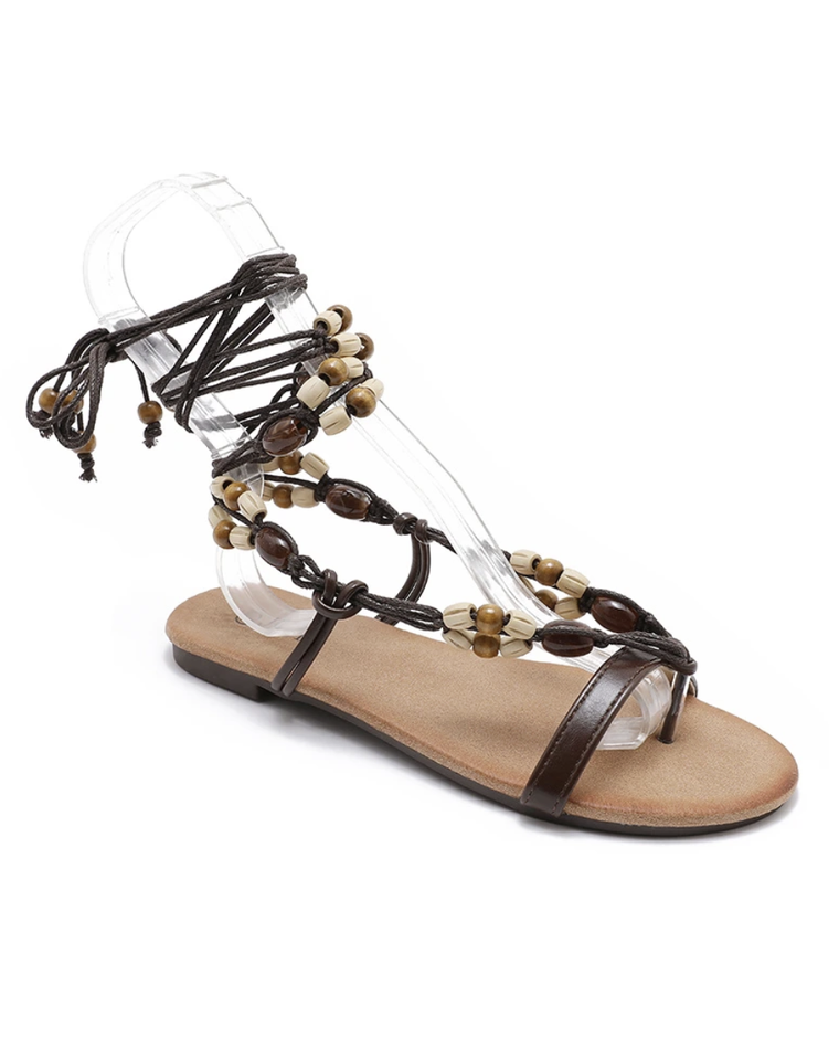 Tie Sandals with Beads in Chocolate Brown