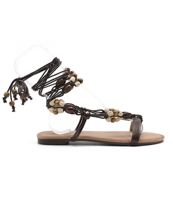 Tie Sandals with Beads in Chocolate Brown