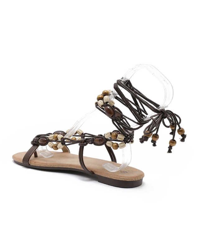 Tie Sandals with Beads in Chocolate Brown